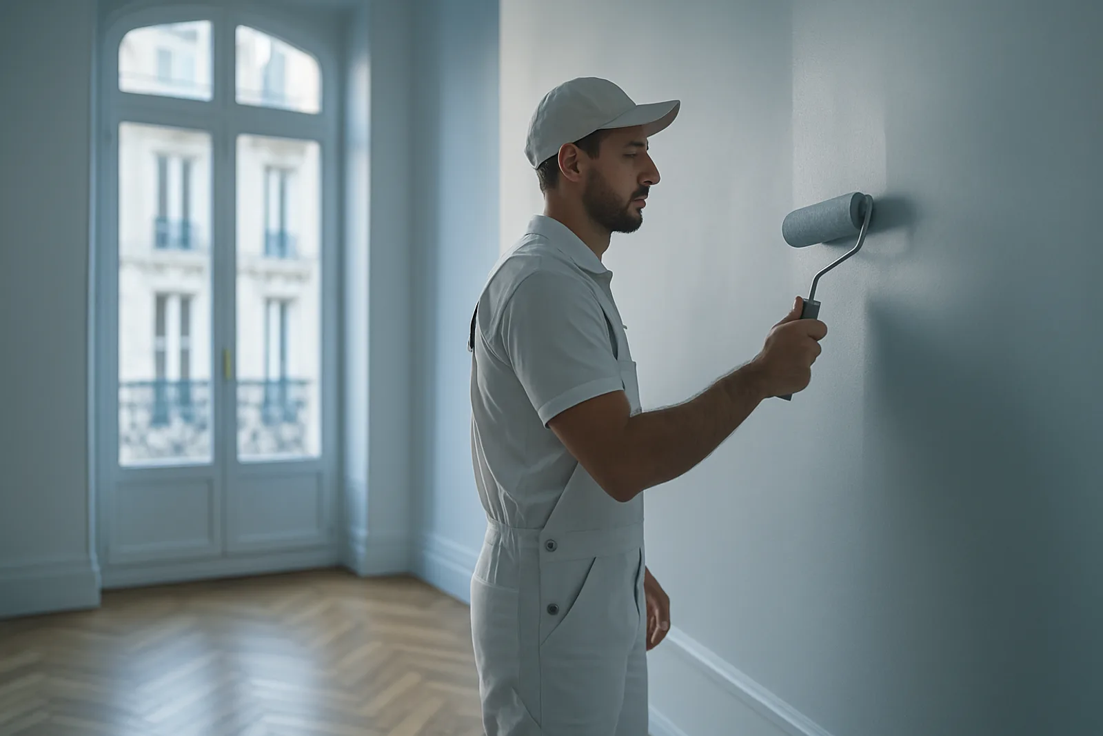 Peintre en bâtiment peignant un mur dans un appartement parisien